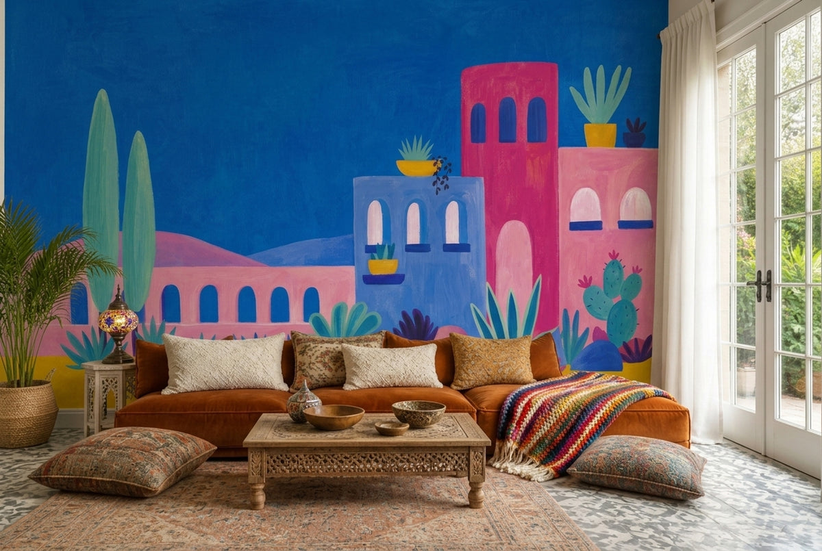 Mediterranean Village Wallpaper Colorful Architecture Wall Mural
