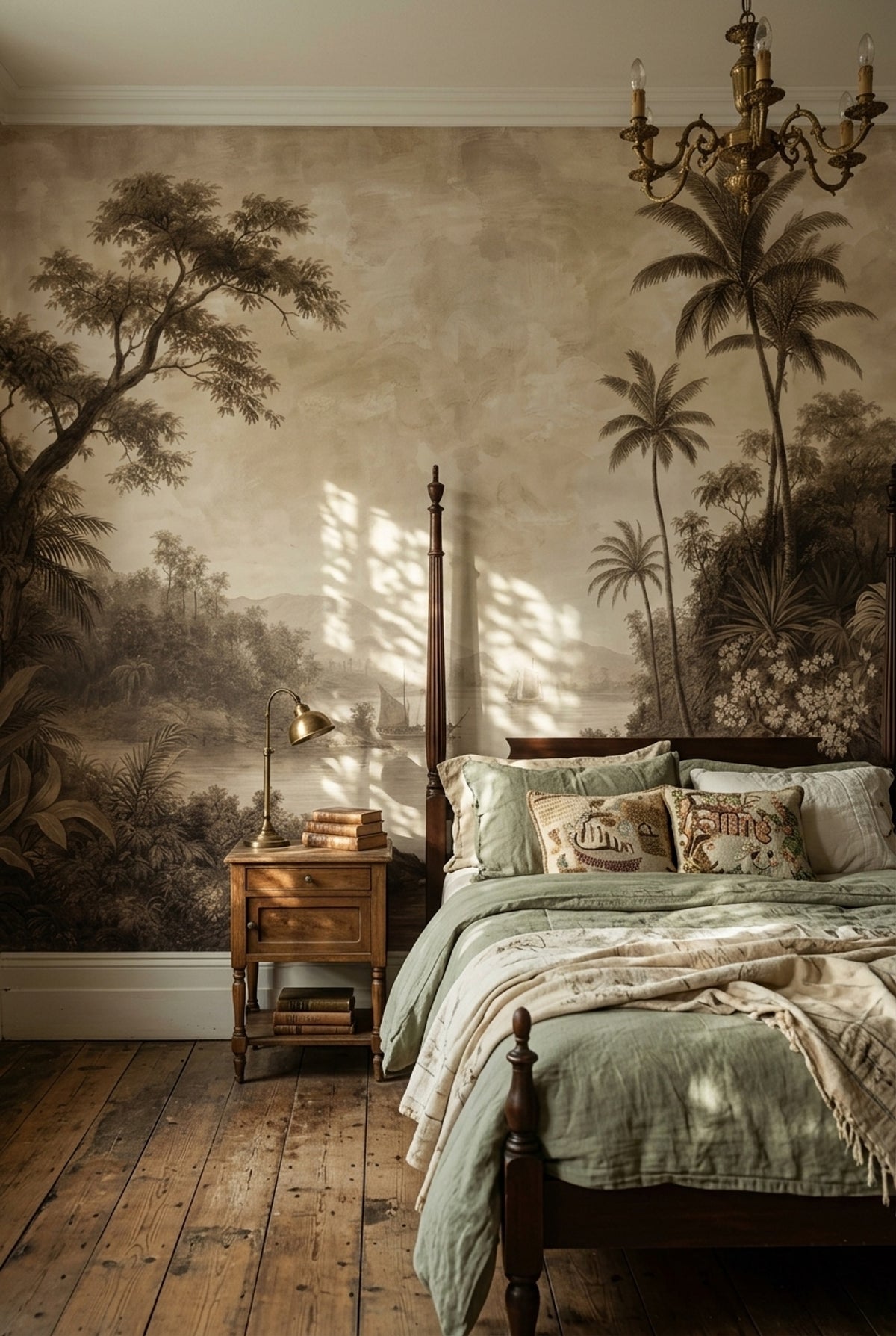 Sepia Tropical Landscape Wallpaper Vintage Toile Wall Mural