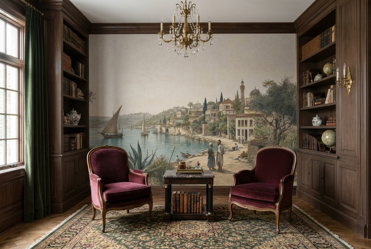 Mediterranean Coastal Village Wallpaper Vintage Landscape Wall Mural
