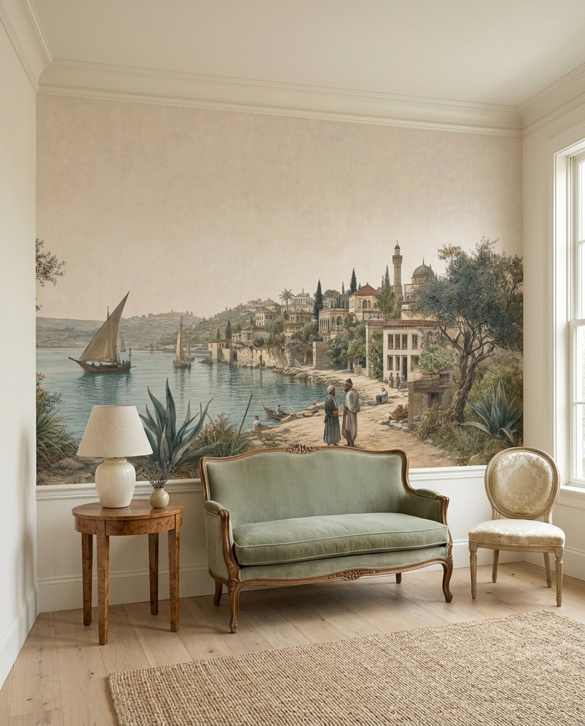 Mediterranean Coastal Village Wallpaper Vintage Landscape Wall Mural