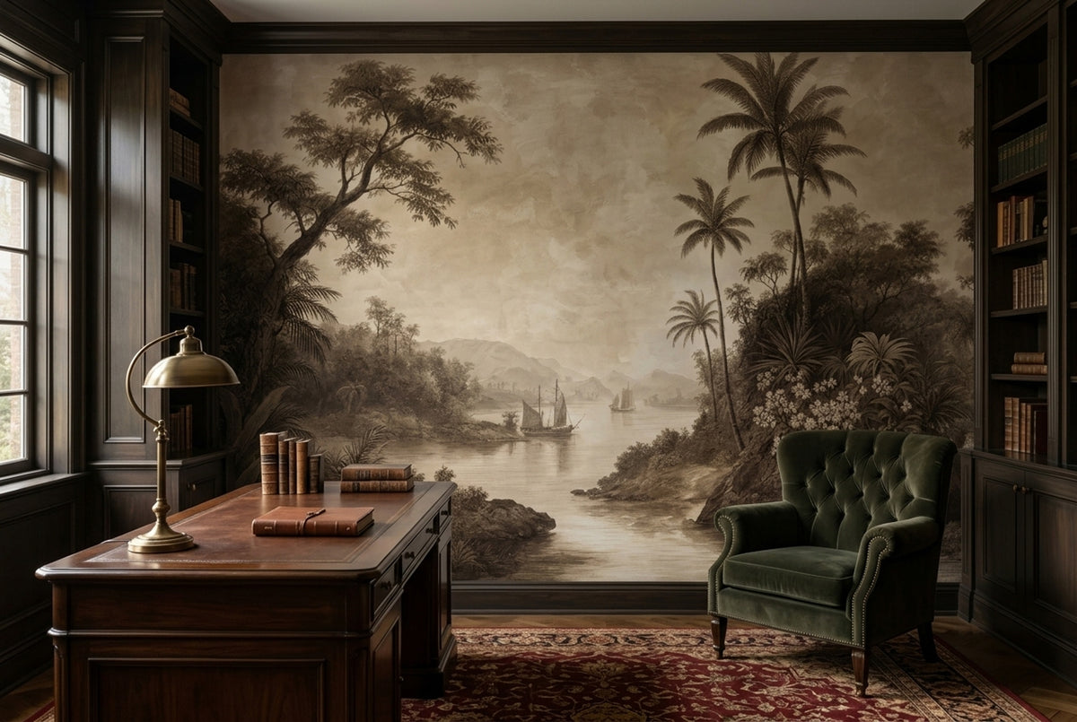 Sepia Tropical Landscape Wallpaper Vintage Toile Wall Mural