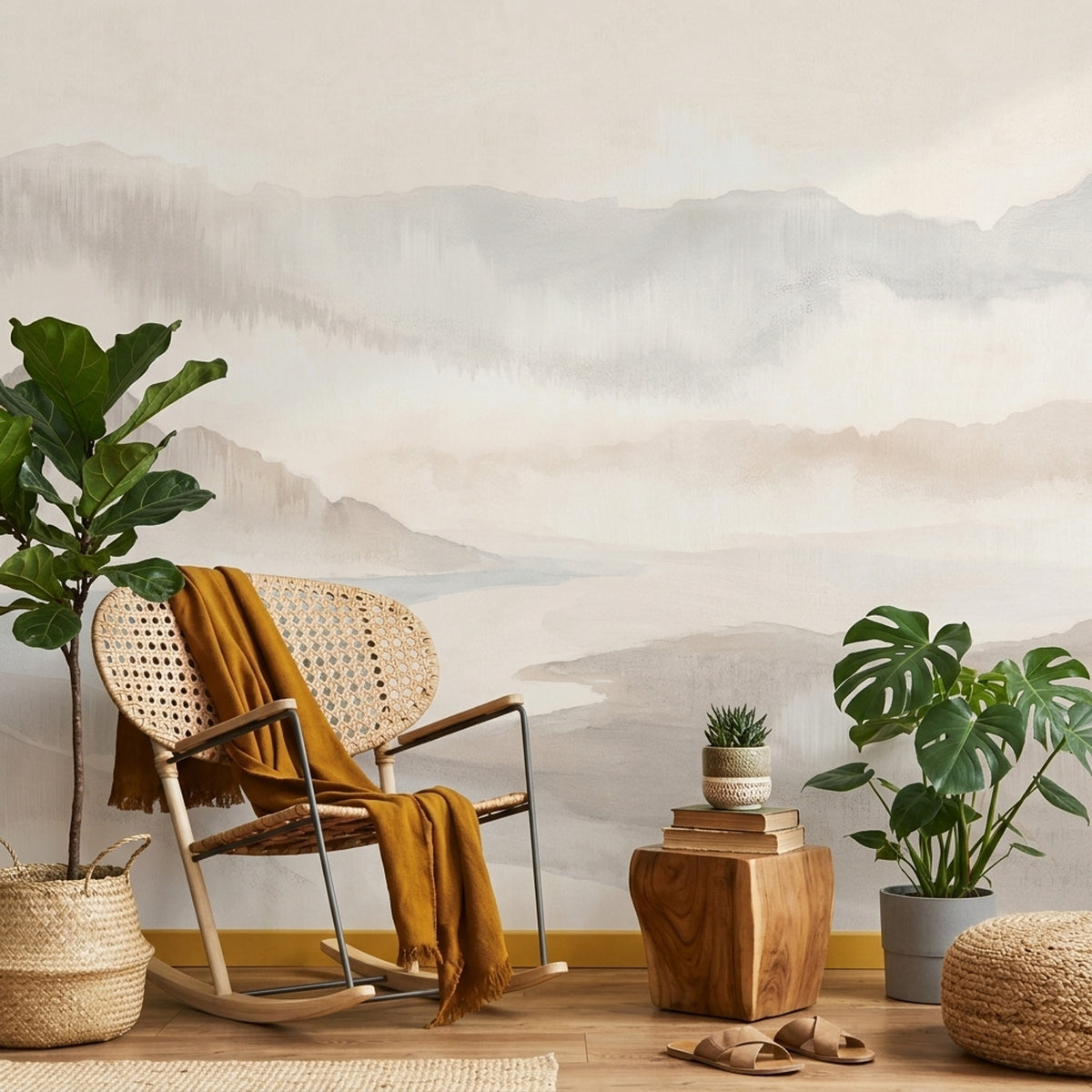 Misty Mountains Wallpaper Neutral Watercolor Wall Mural