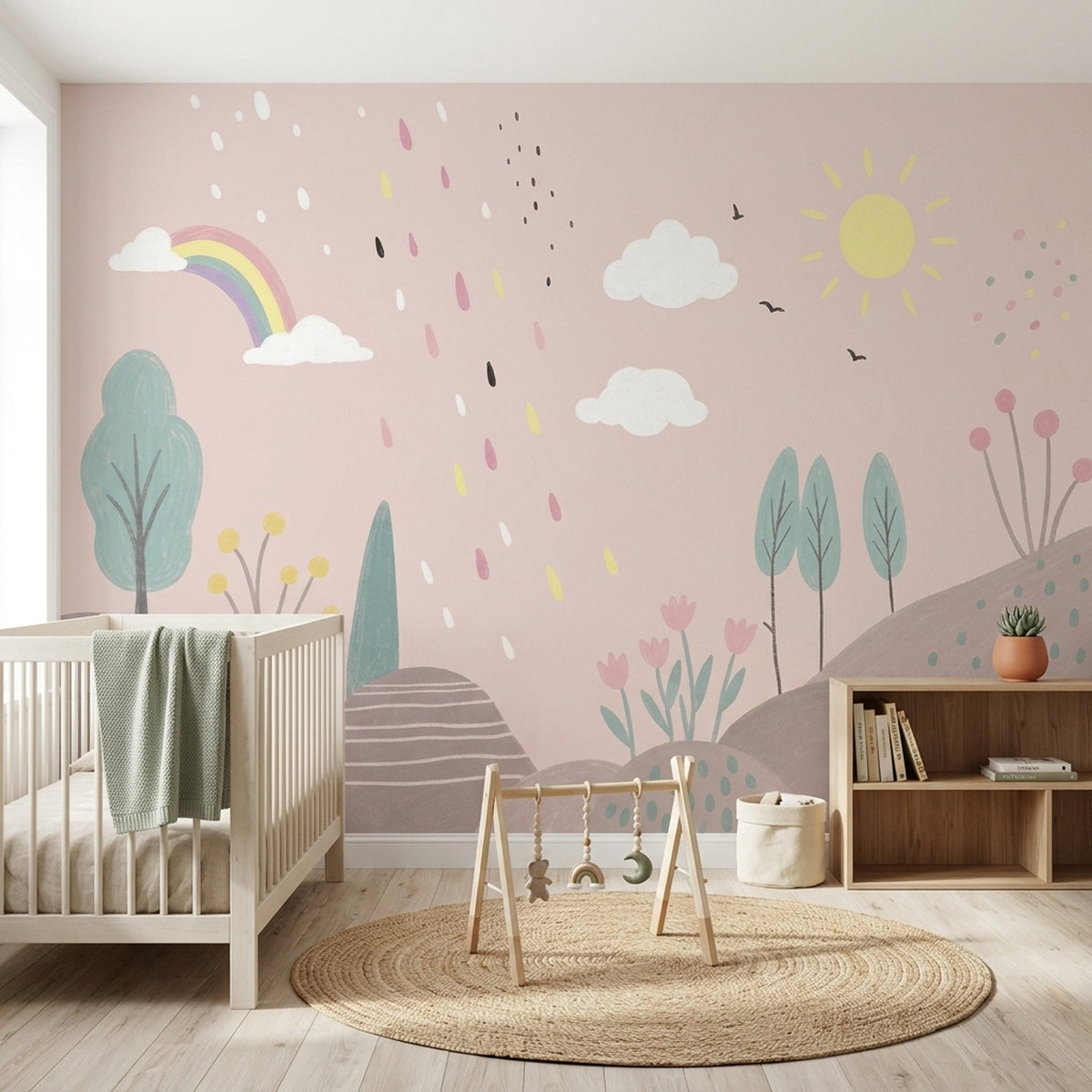 Rainbow Sun And Clouds Wallpaper Pastel Landscape Wall Mural