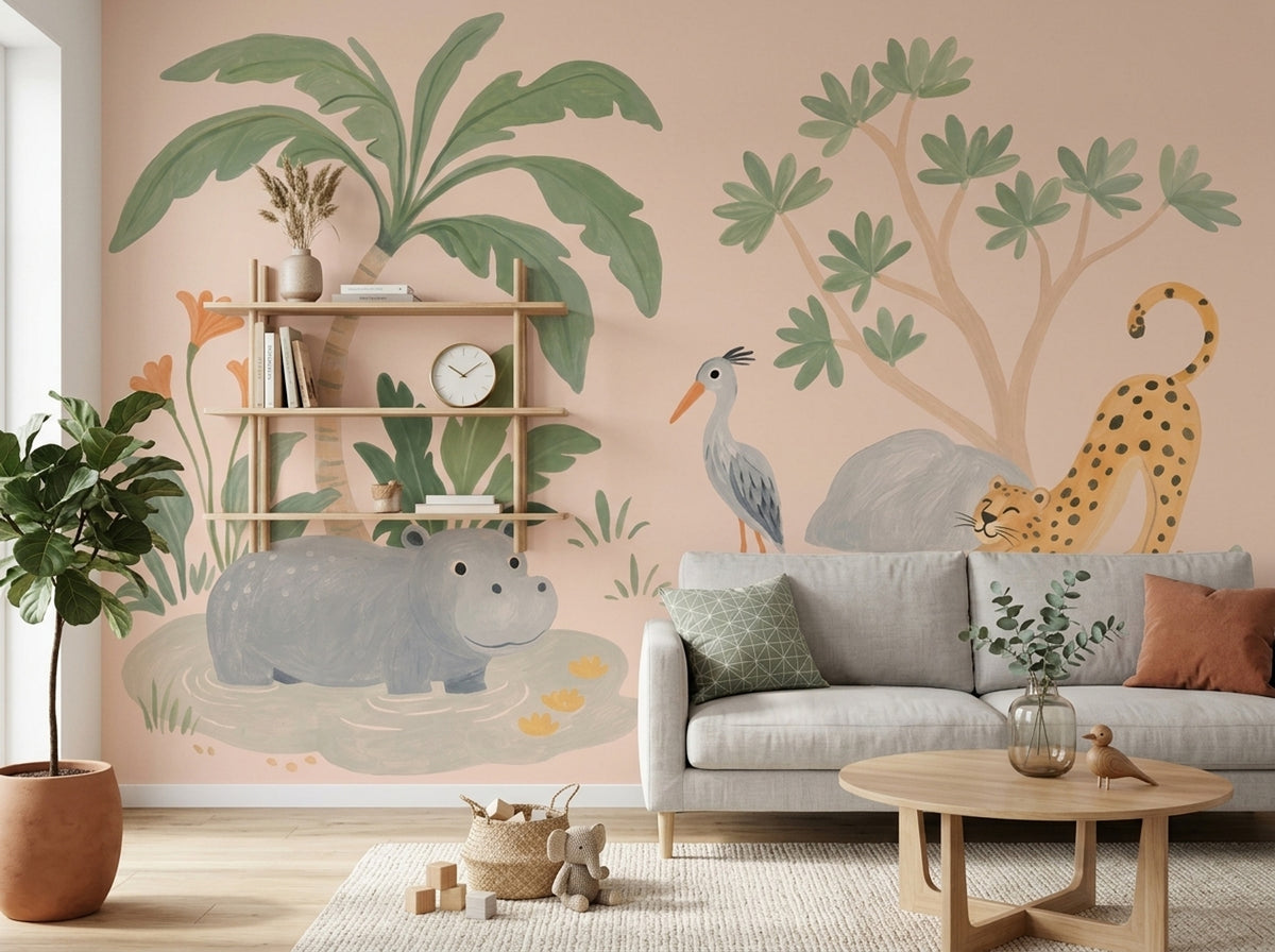 Jungle Animals Wallpaper Muted Green Kids Wall Mural