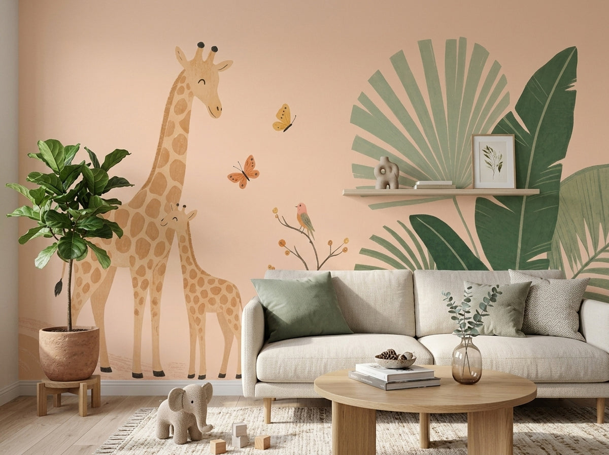Mother And Baby Giraffe Wallpaper Watercolor Safari Wall Mural