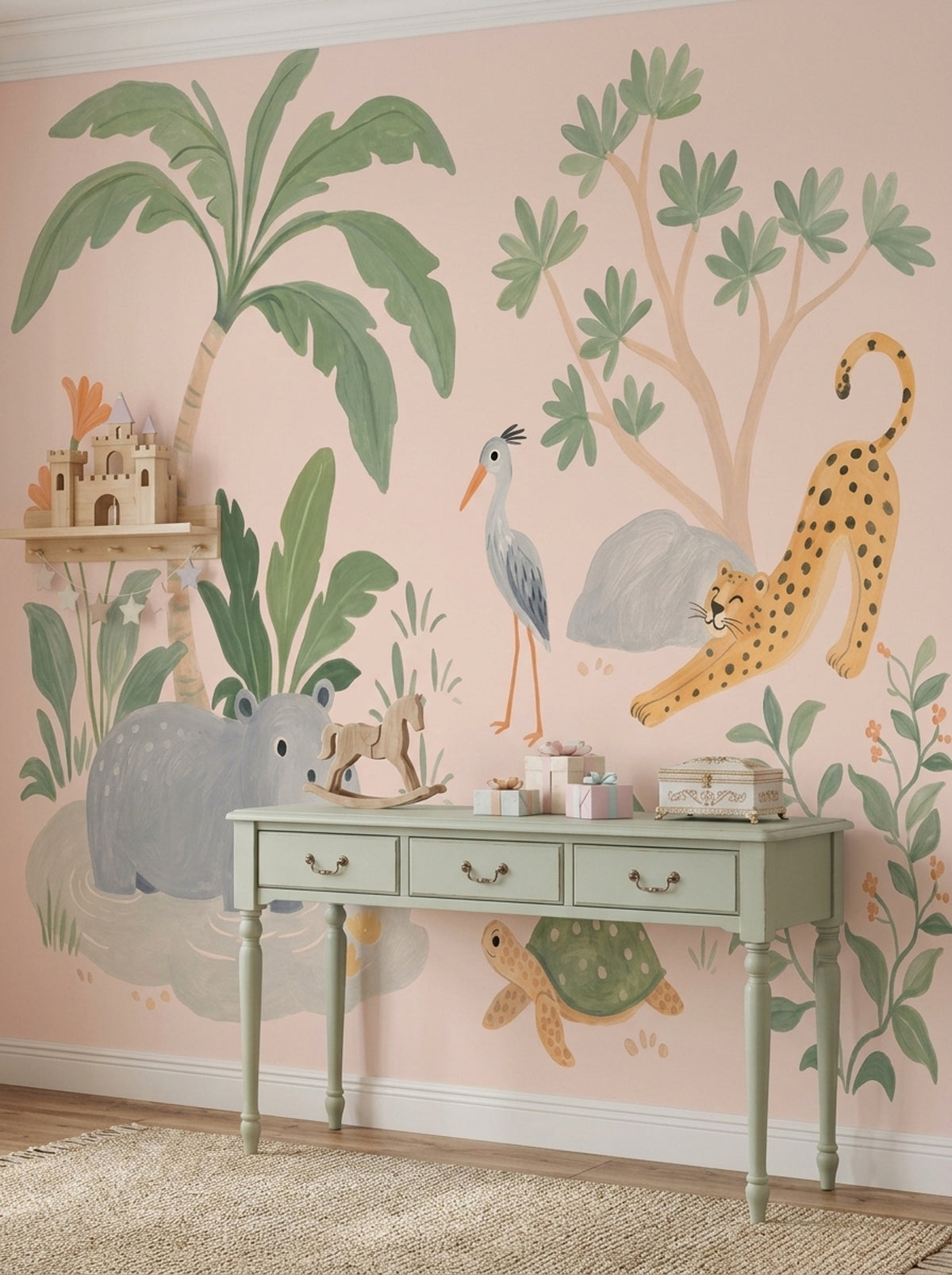 Jungle Animals Wallpaper Muted Green Kids Wall Mural