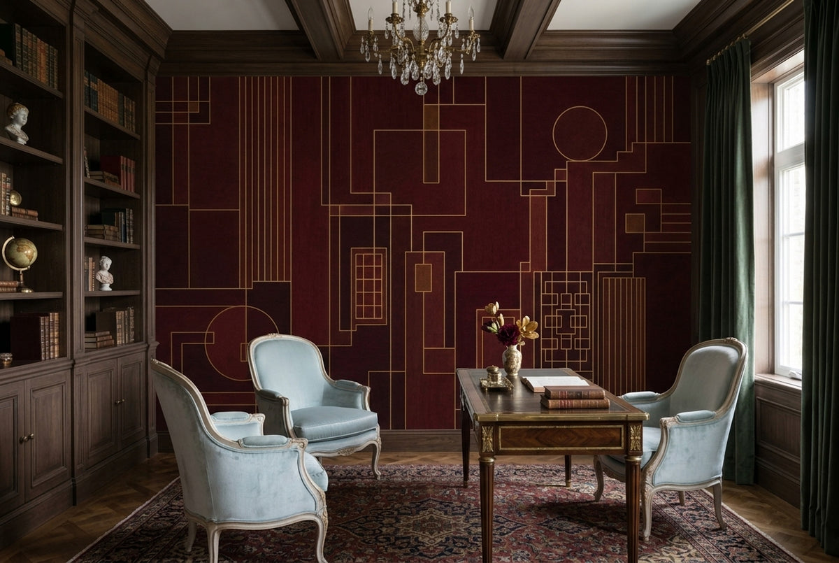 Burgundy Geometric Lines Wallpaper Art Deco Gold Wall Mural