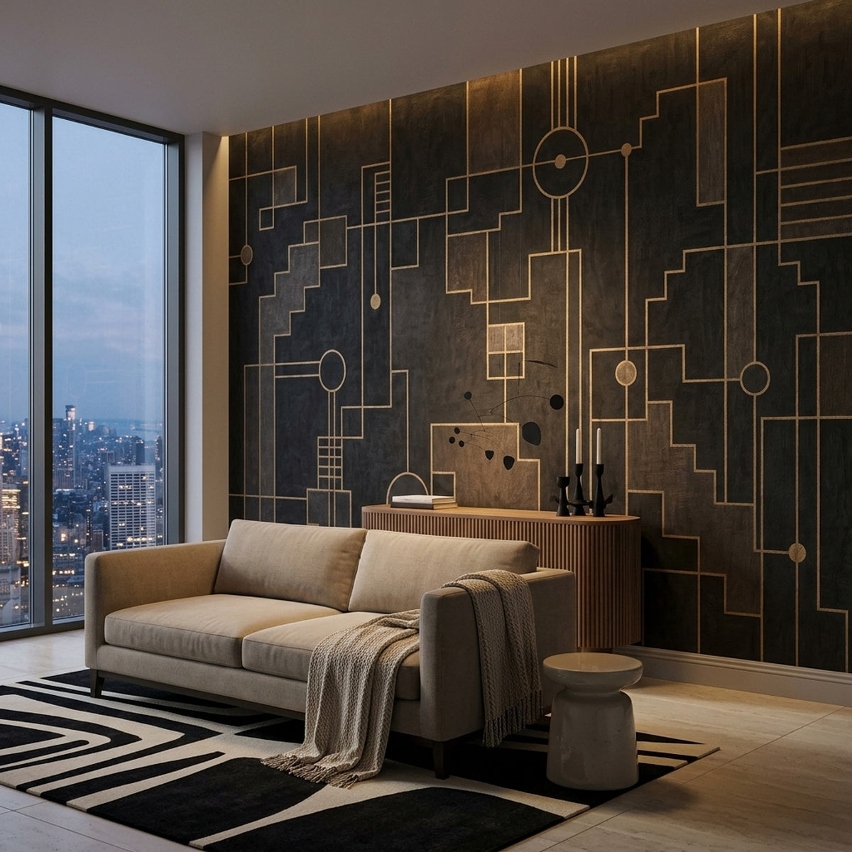 Geometric Art Deco Grid Wallpaper Dark Gold Lines Wall Mural