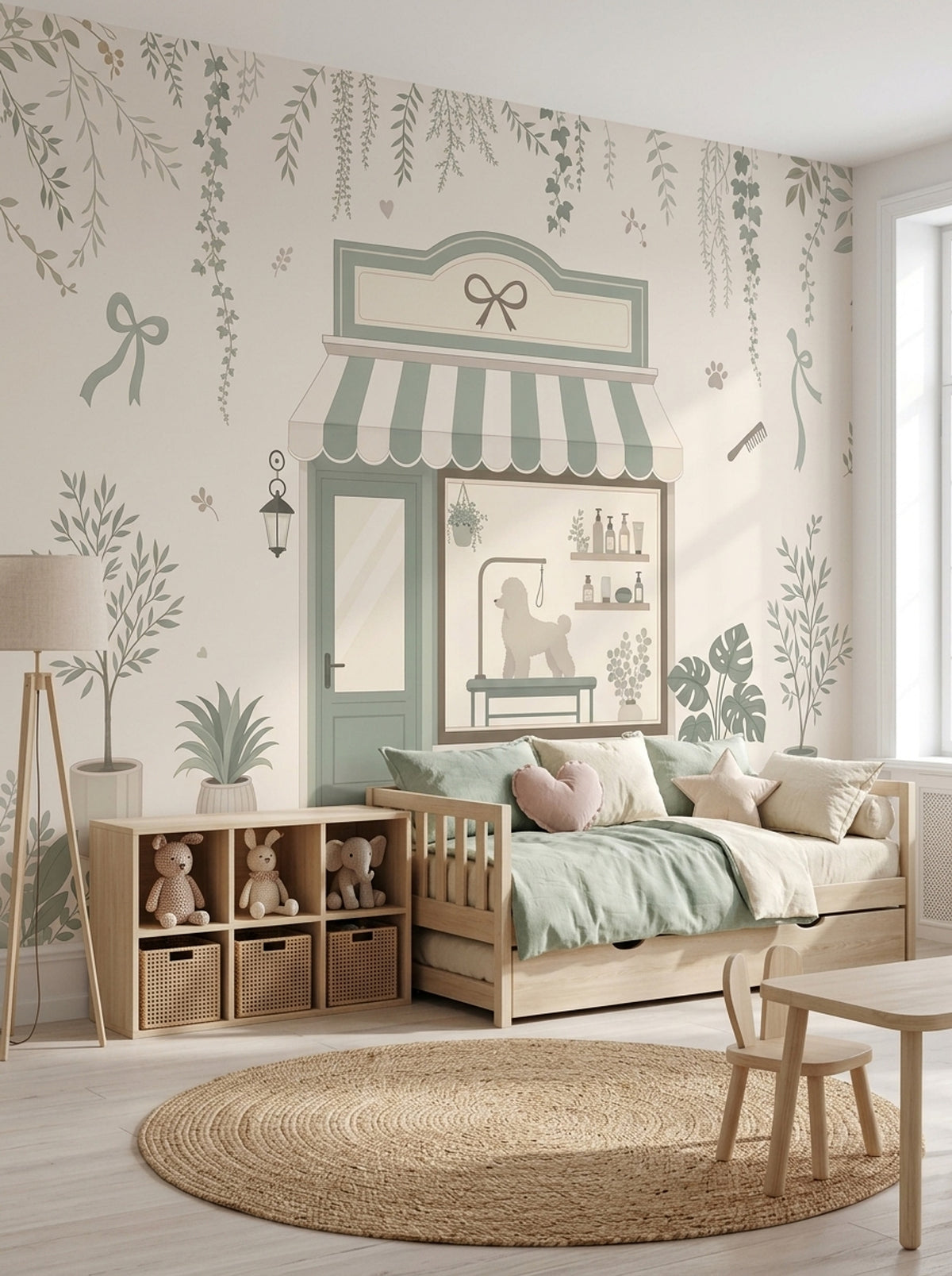 Pet Grooming Shop Wallpaper Sage Green Boutique Wall Mural