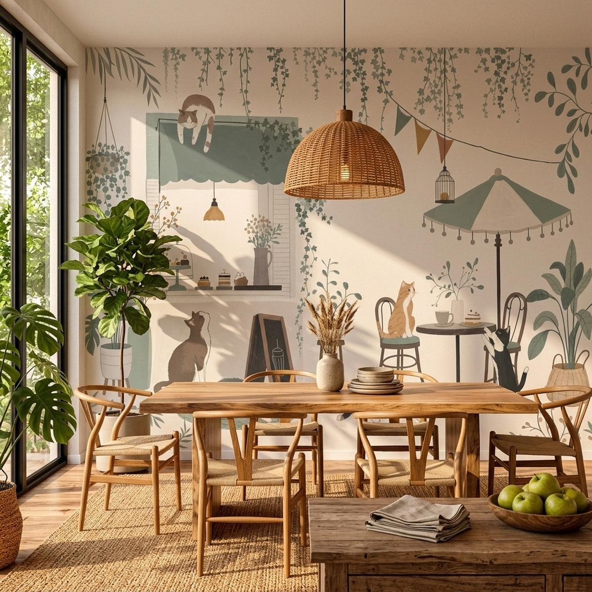 Cat Cafe Storefront Wallpaper Sage Green Garden Patio Wall Mural