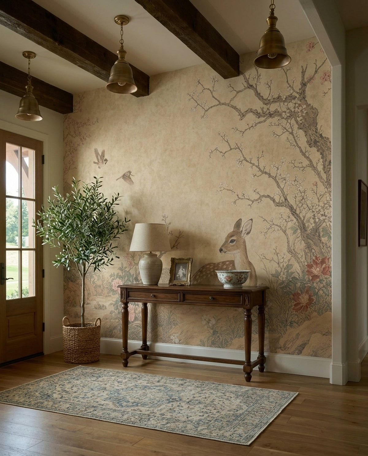 Deer And Blossom Branches Wallpaper Vintage Chinoiserie Wall Mural