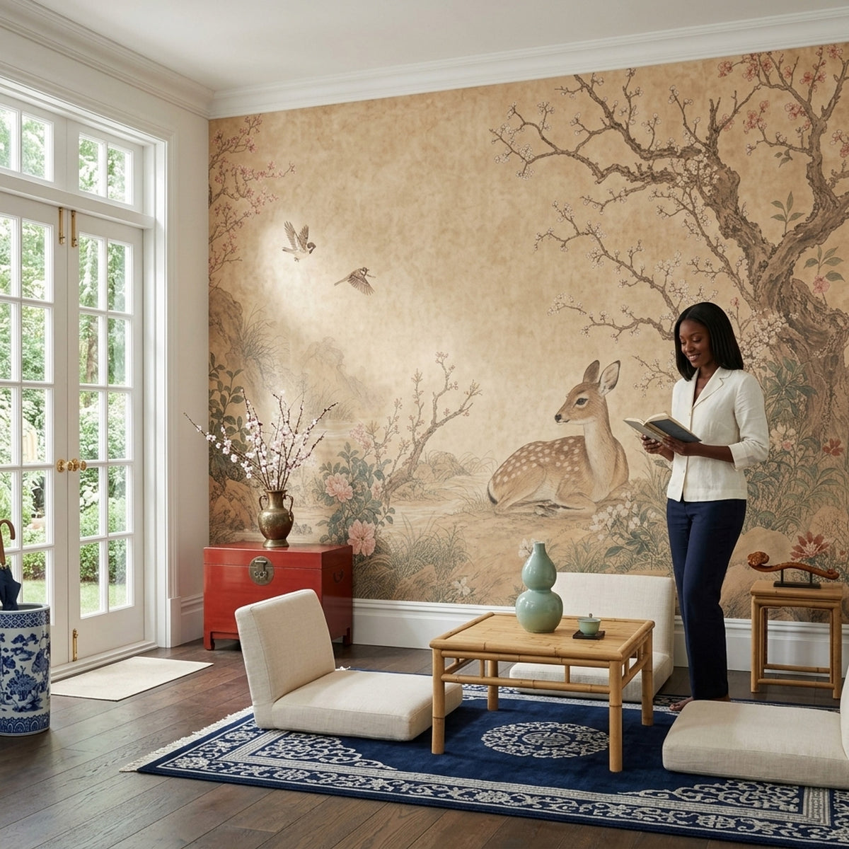 Deer And Blossom Branches Wallpaper Vintage Chinoiserie Wall Mural