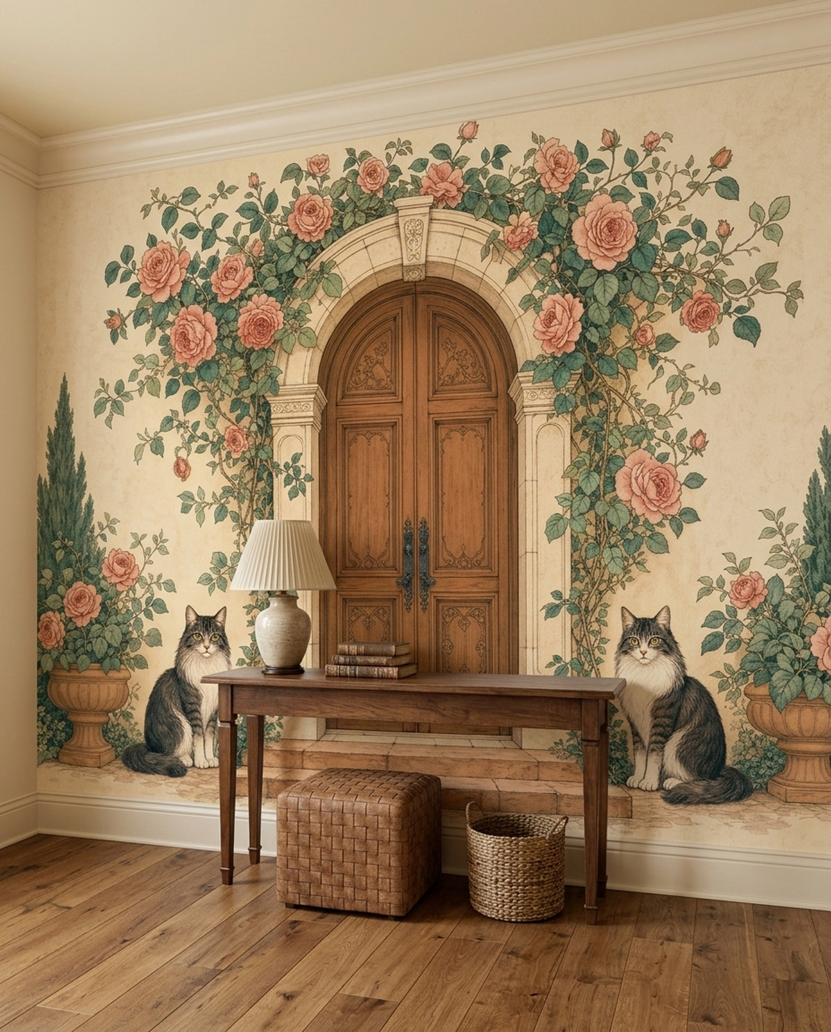 Rose Arbor Wooden Door Wallpaper Vintage Garden Wall Mural