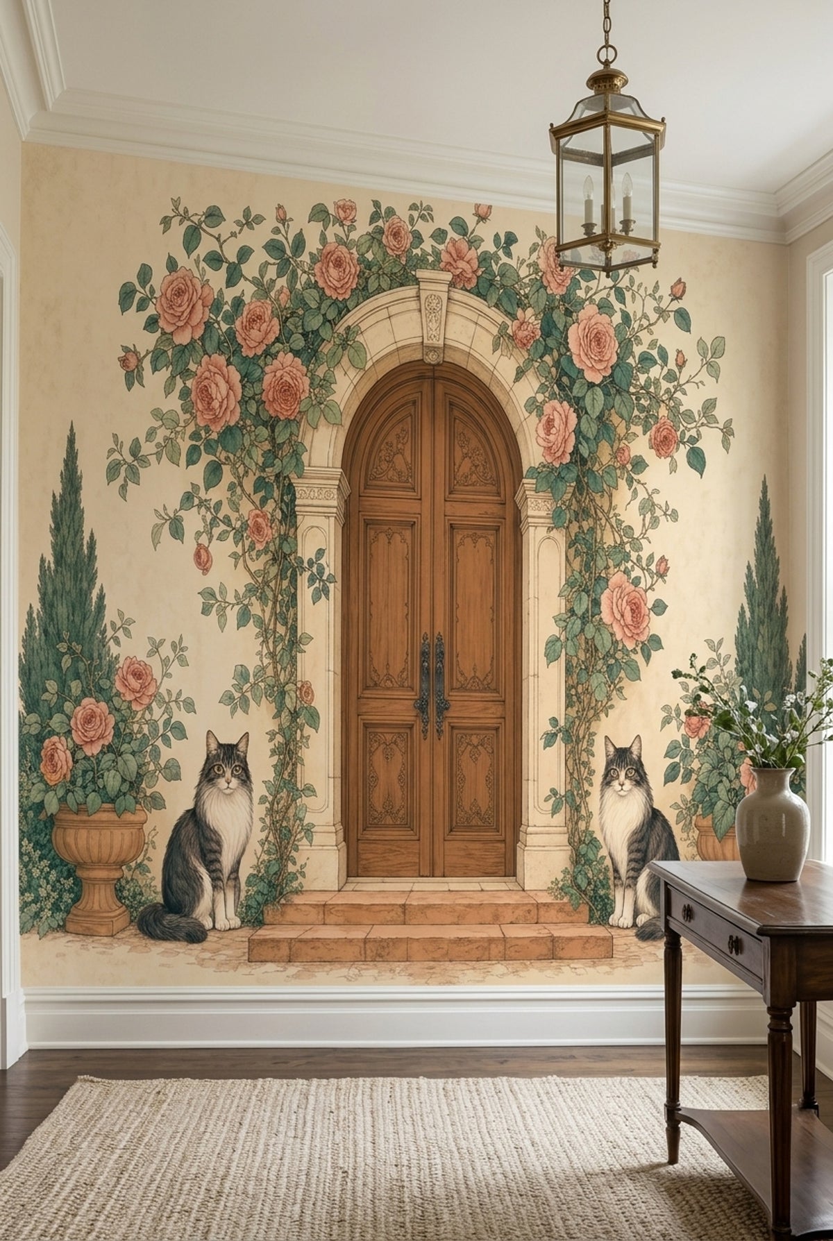 Rose Arbor Wooden Door Wallpaper Vintage Garden Wall Mural