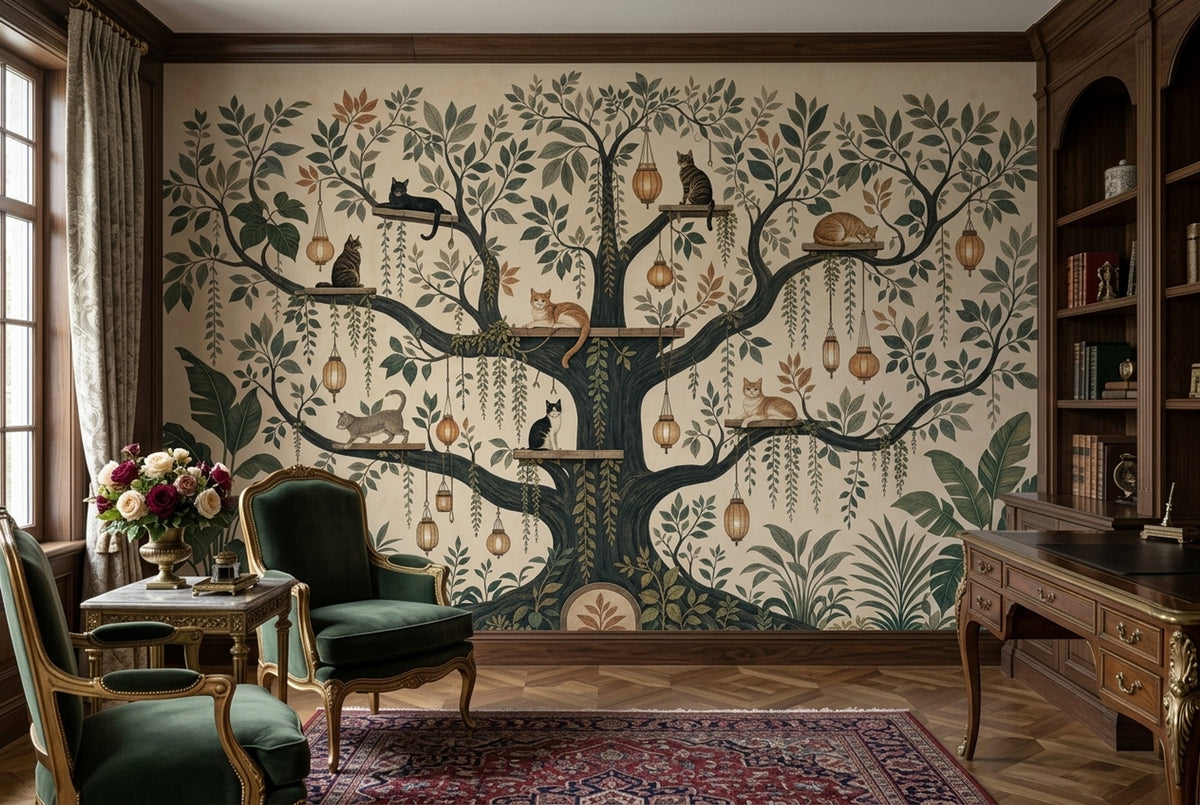 Cats In Tree Wallpaper Muted Green Botanical Wall Mural