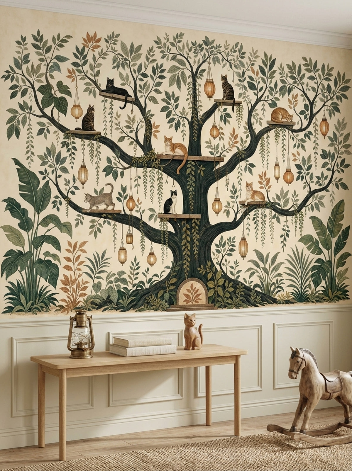 Cats In Tree Wallpaper Muted Green Botanical Wall Mural