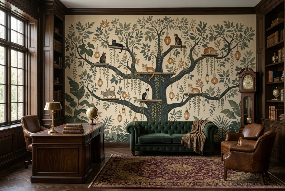 Cats In Tree Wallpaper Muted Green Botanical Wall Mural