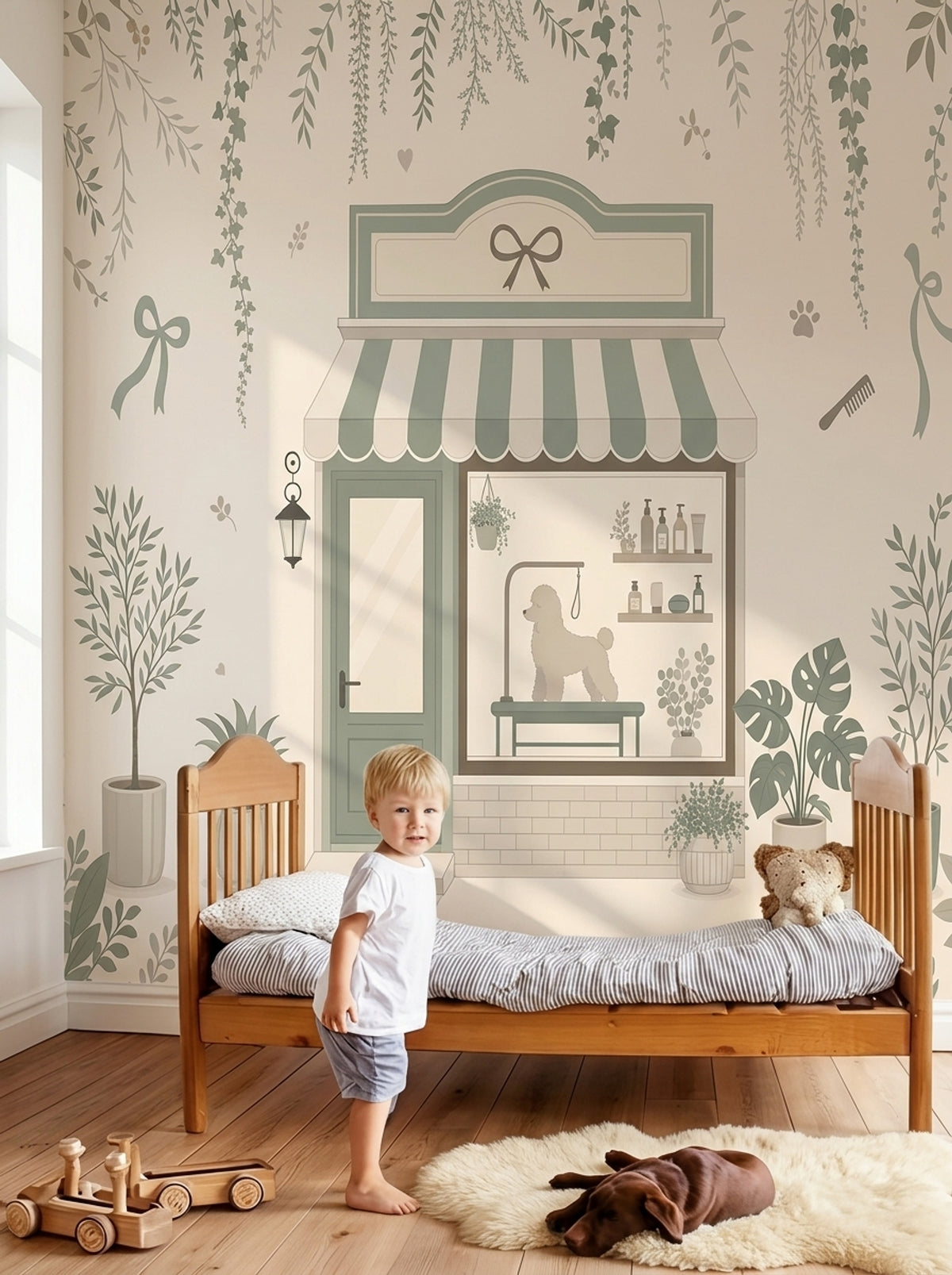 Pet Grooming Shop Wallpaper Sage Green Boutique Wall Mural