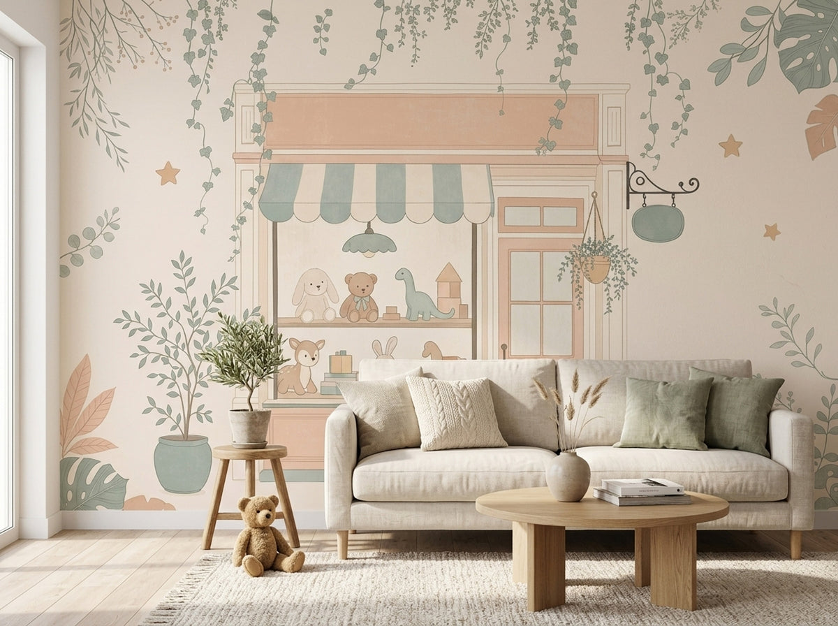 Pastel Toy Shop Storefront Wallpaper Whimsical Nursery Wall Mural