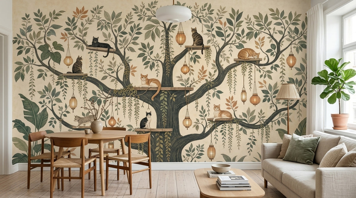 Cats In Tree Wallpaper Muted Green Botanical Wall Mural
