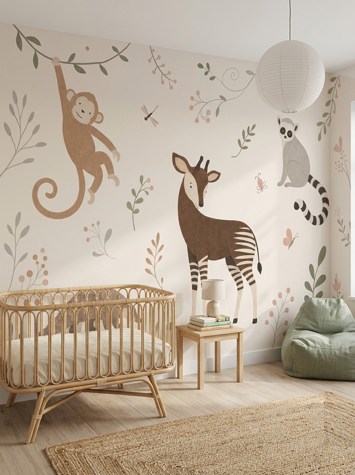 Whimsical Jungle Animals Wallpaper Soft Ivory Nursery Wall Mural