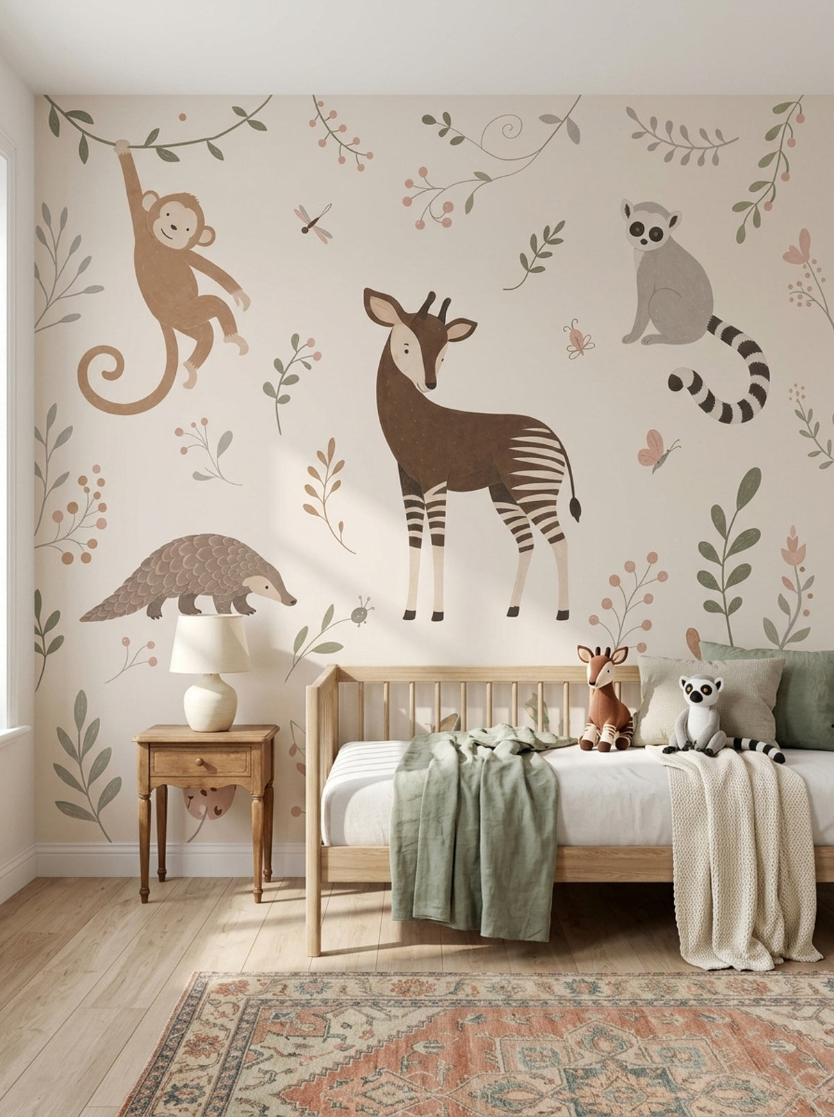 Whimsical Jungle Animals Wallpaper Soft Ivory Nursery Wall Mural
