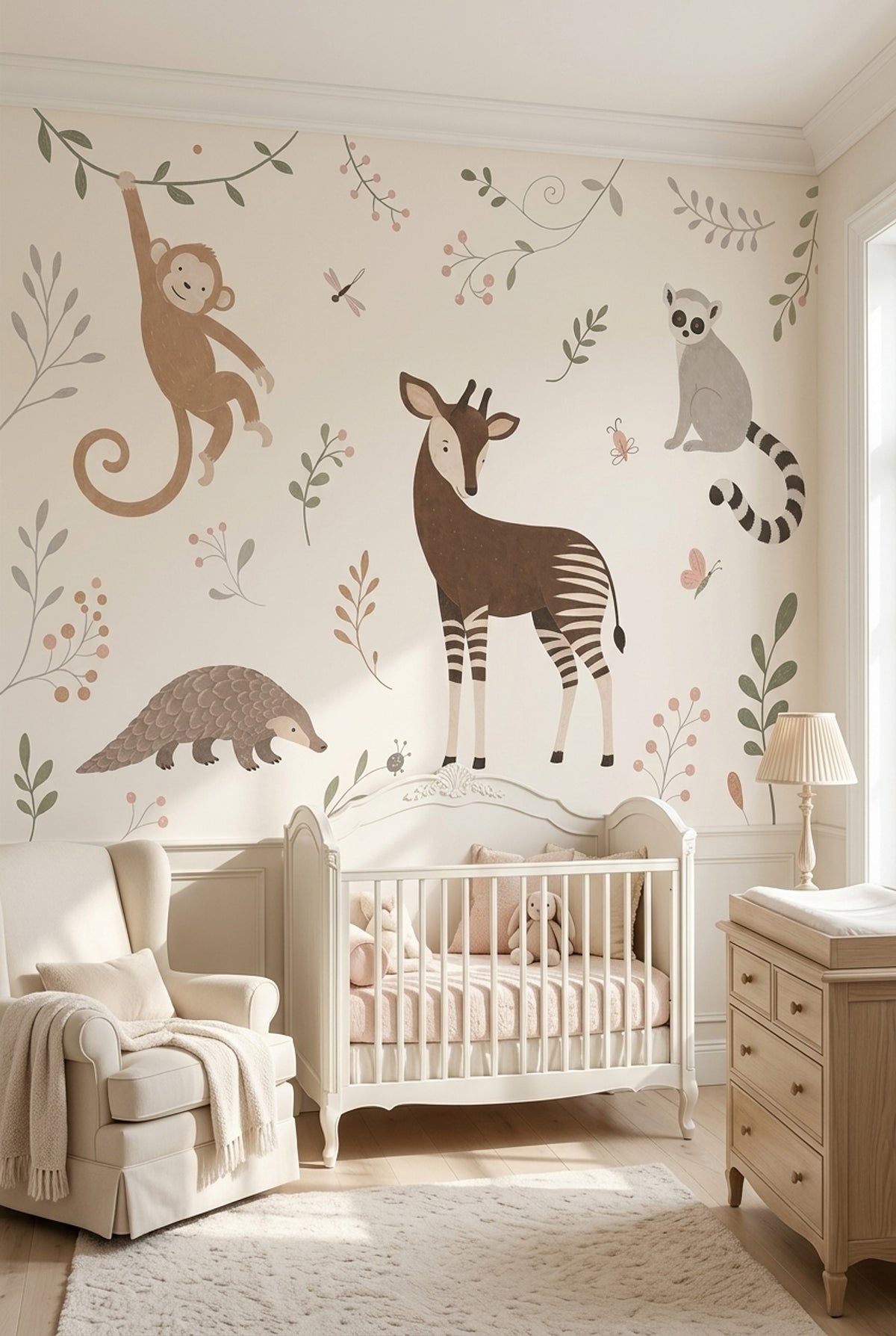 Whimsical Jungle Animals Wallpaper Soft Ivory Nursery Wall Mural