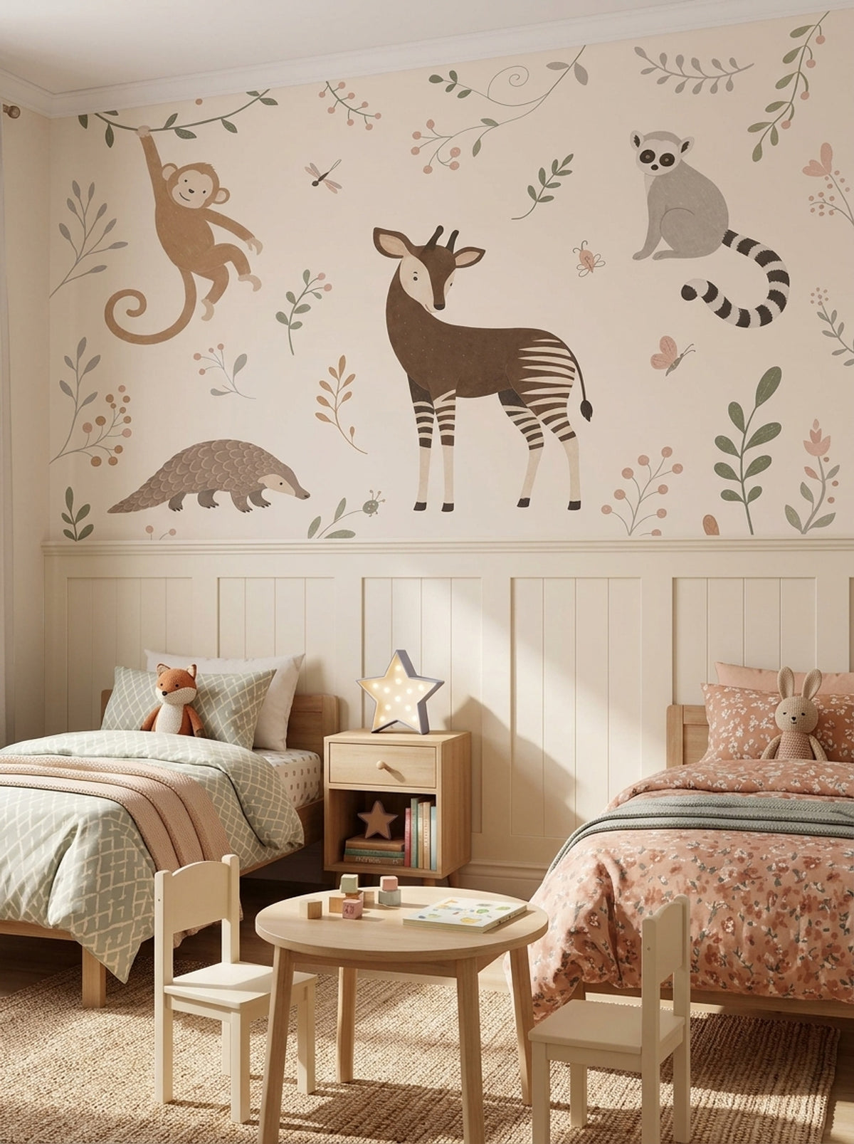 Whimsical Jungle Animals Wallpaper Soft Ivory Nursery Wall Mural