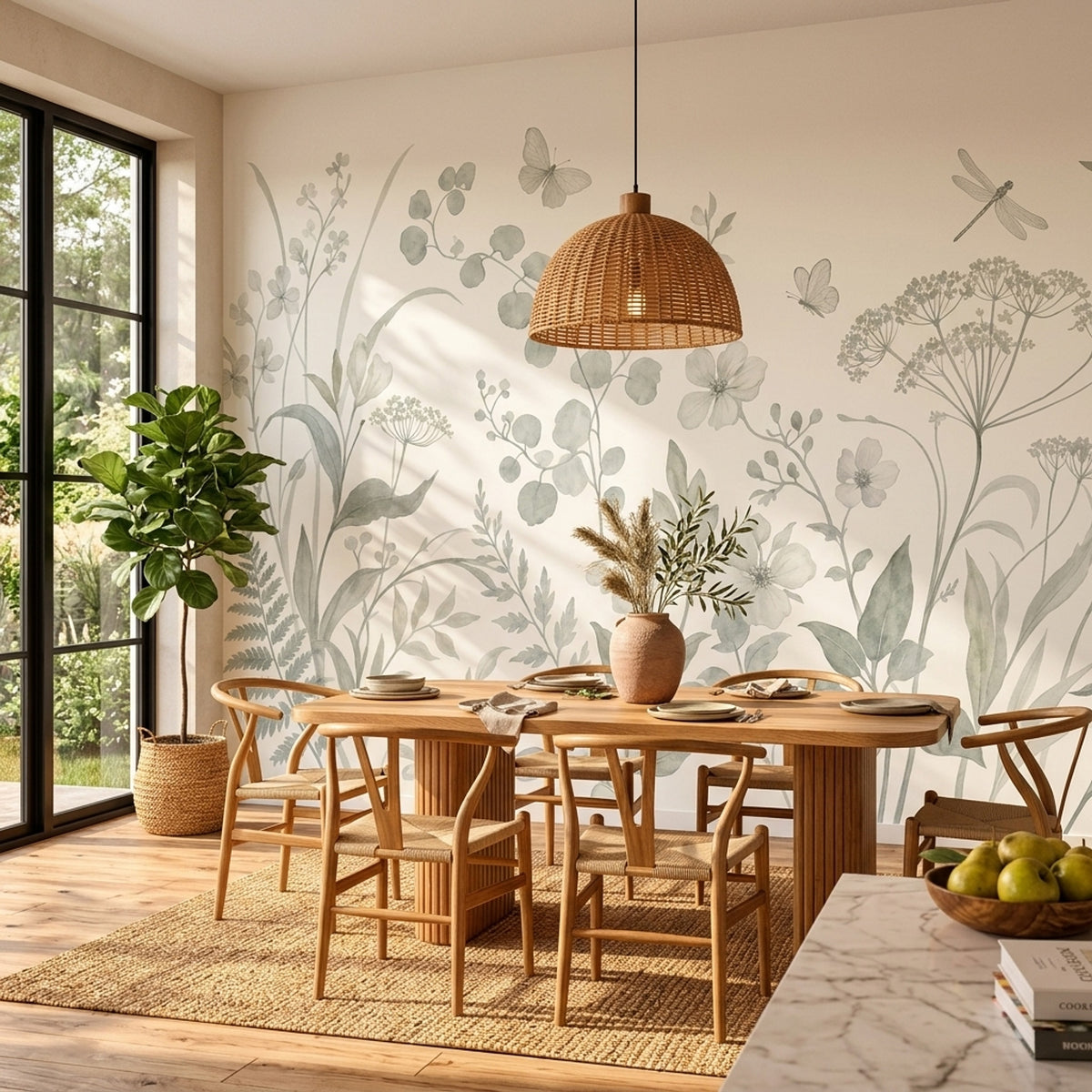Wildflower Meadow Wallpaper Watercolor Sage Green Wall Mural