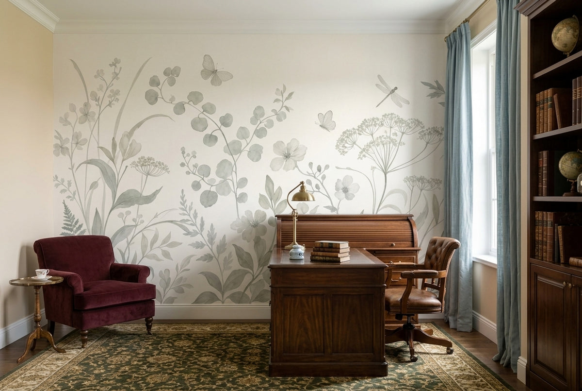 Wildflower Meadow Wallpaper Watercolor Sage Green Wall Mural