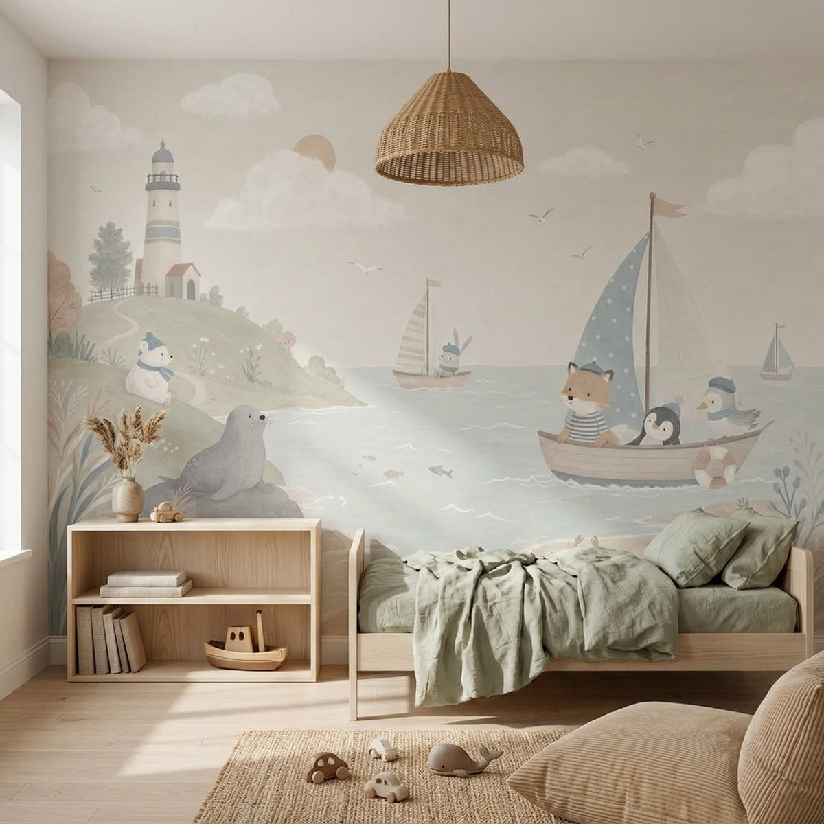 Watercolor Lighthouse Wallpaper Pastel Coastal Animals Wall Mural