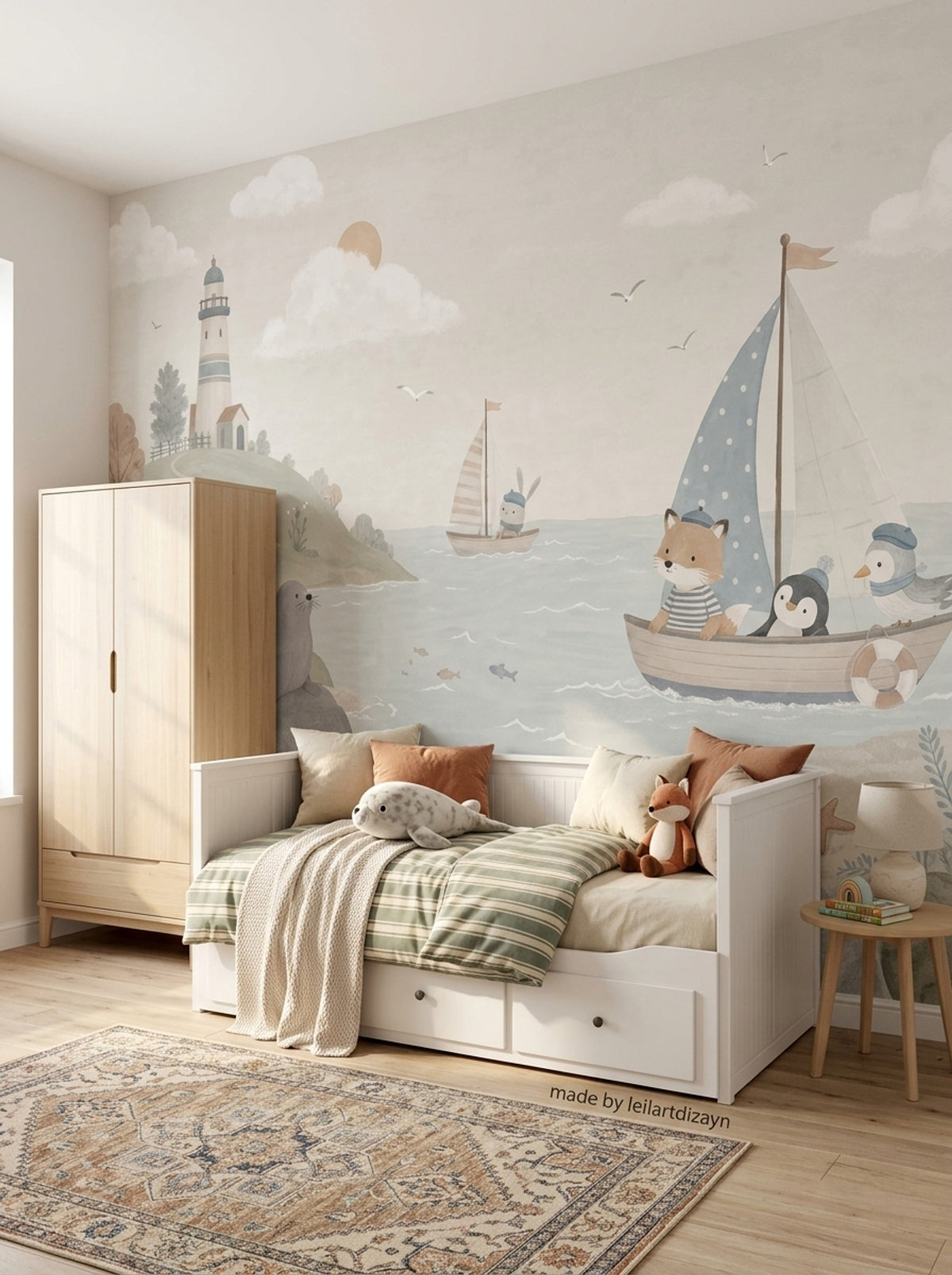 Watercolor Lighthouse Wallpaper Pastel Coastal Animals Wall Mural