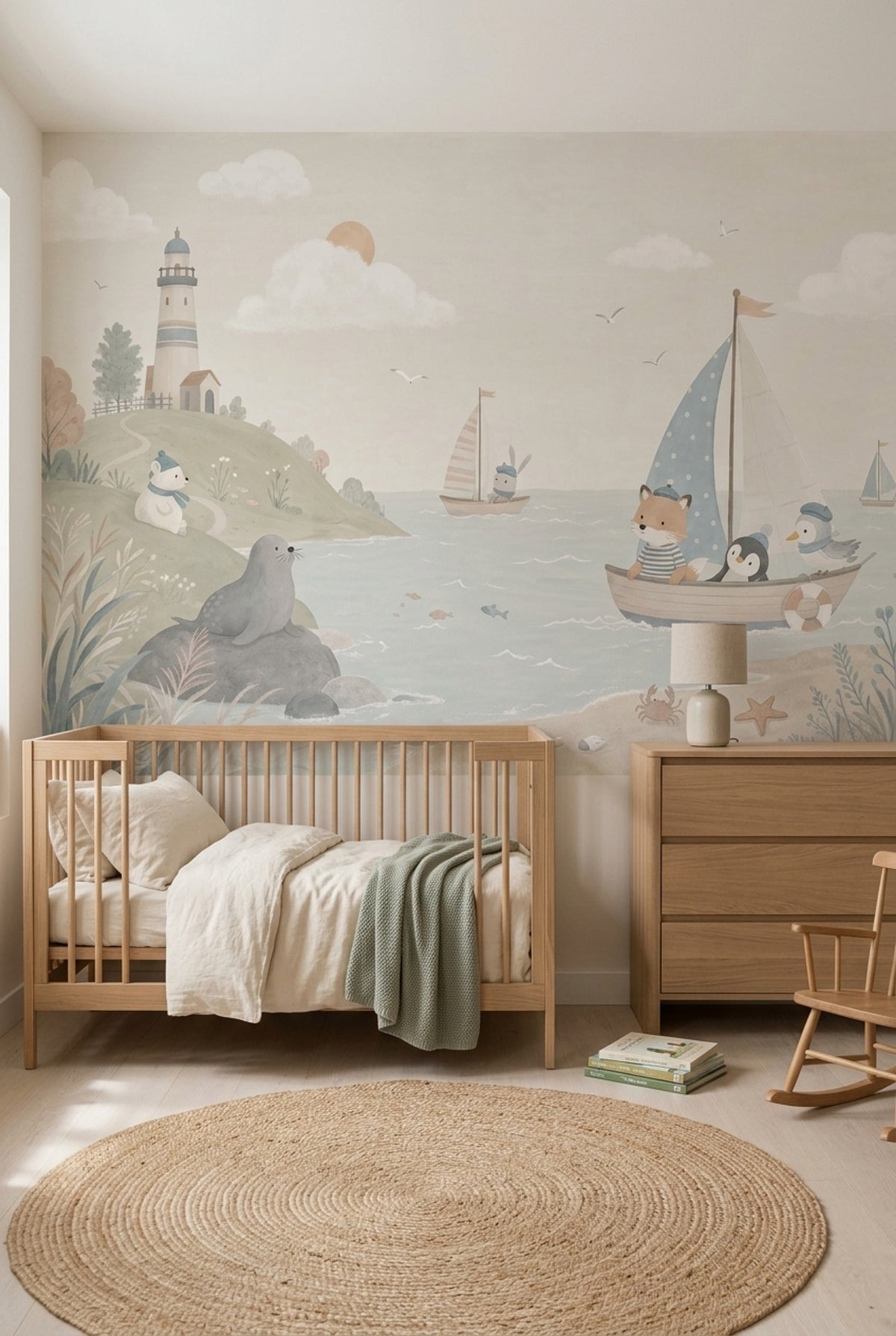 Watercolor Lighthouse Wallpaper Pastel Coastal Animals Wall Mural