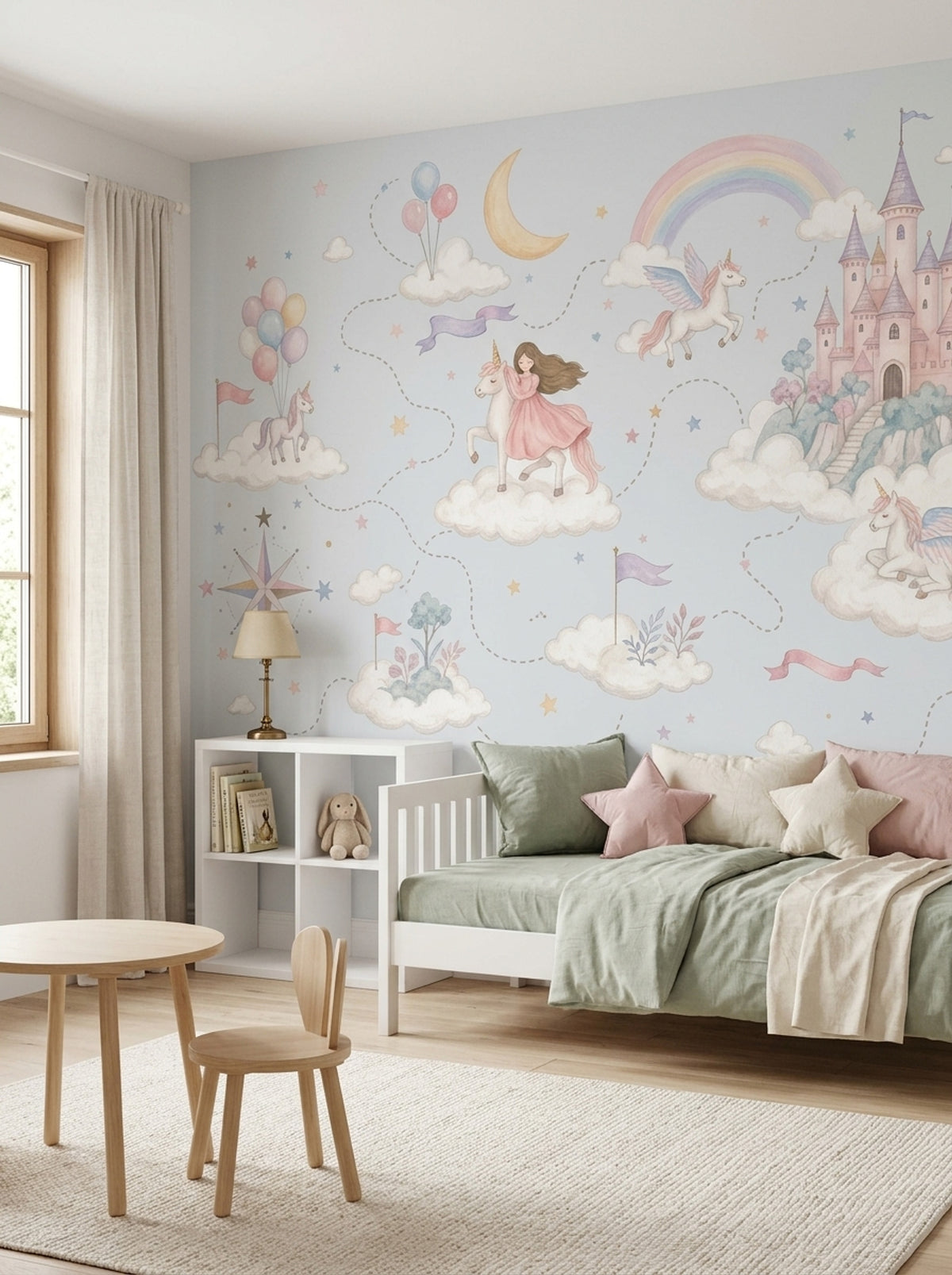 Unicorn Princess Castle Wallpaper Watercolor Fairy Tale Wall Mural