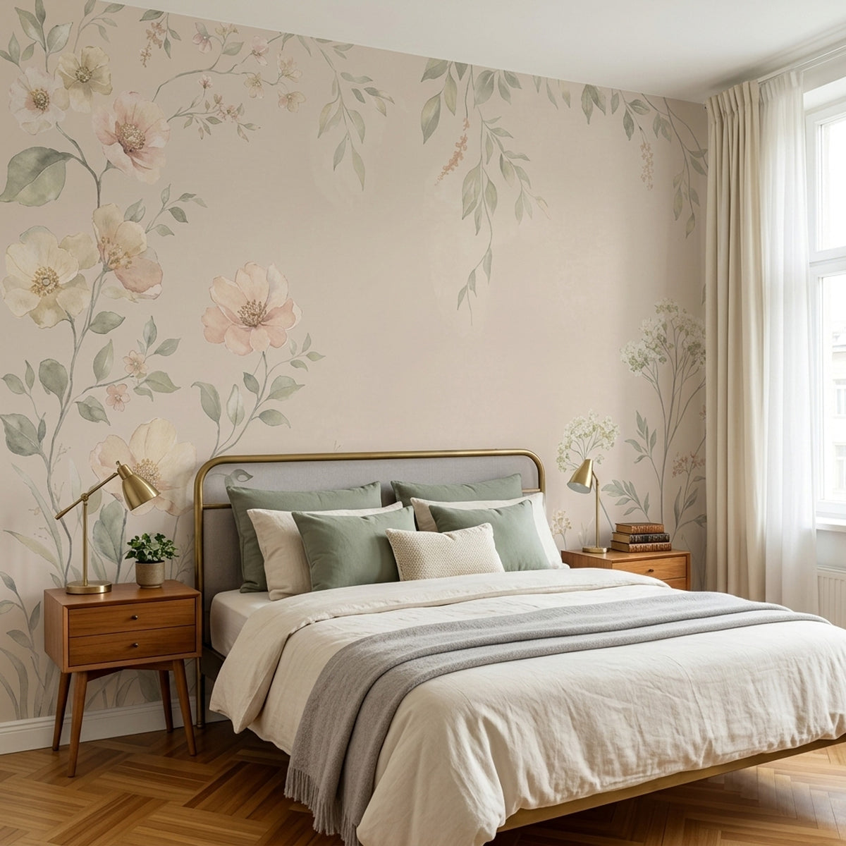 Watercolor Floral Wallpaper Soft Beige Botanical Wall Mural