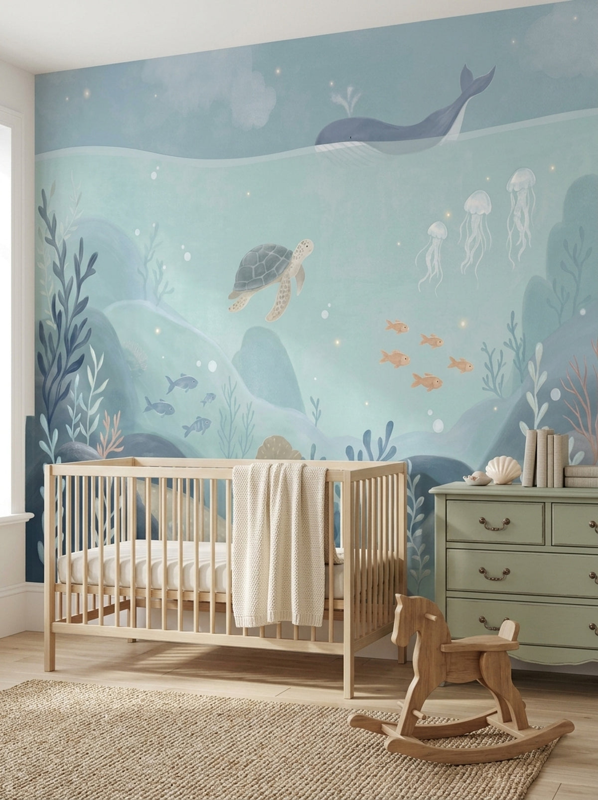 Watercolor Underwater Whale Wallpaper Coastal Nursery Wall Mural