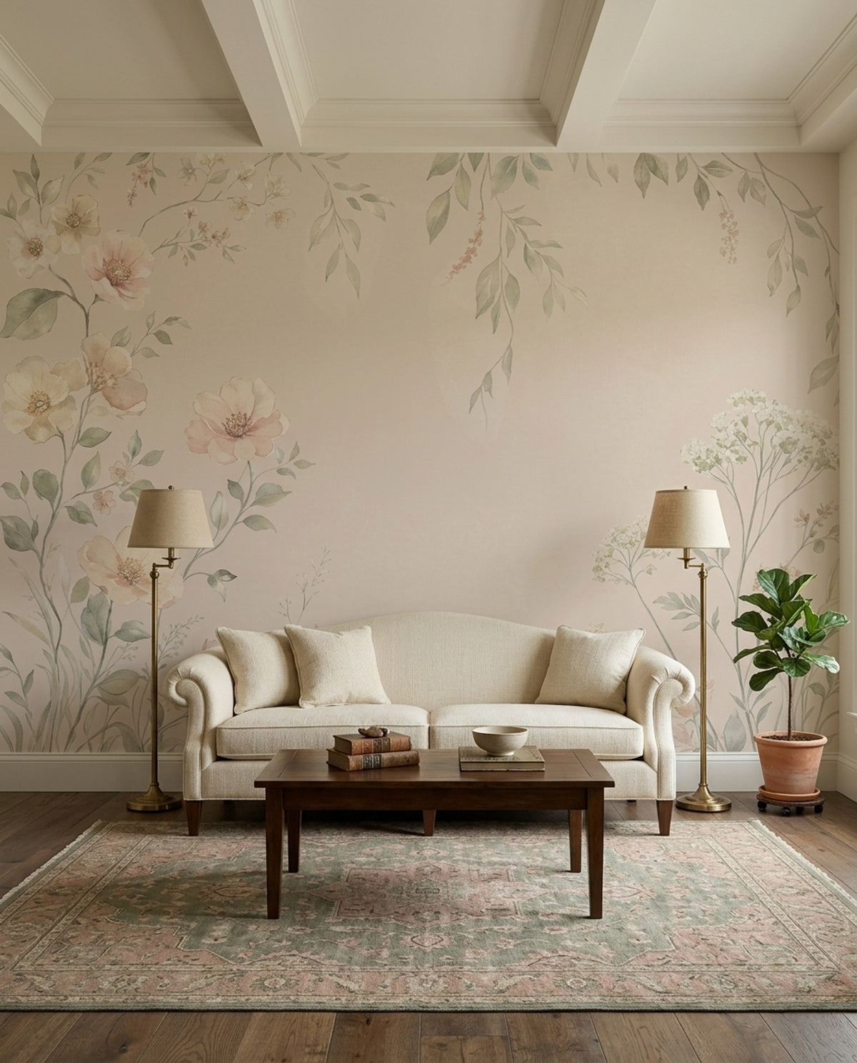 Watercolor Floral Wallpaper Soft Beige Botanical Wall Mural