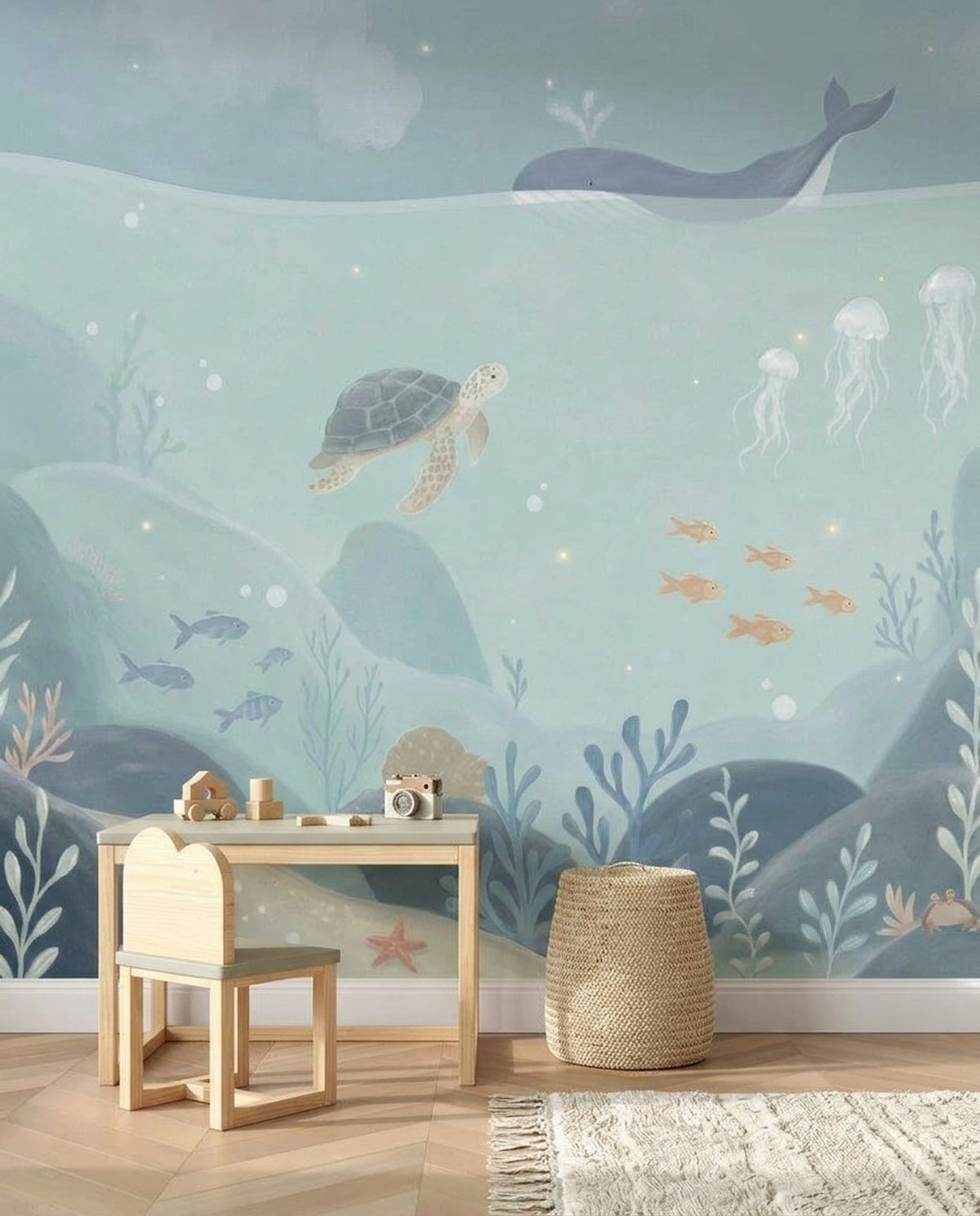 Watercolor Underwater Whale Wallpaper Coastal Nursery Wall Mural
