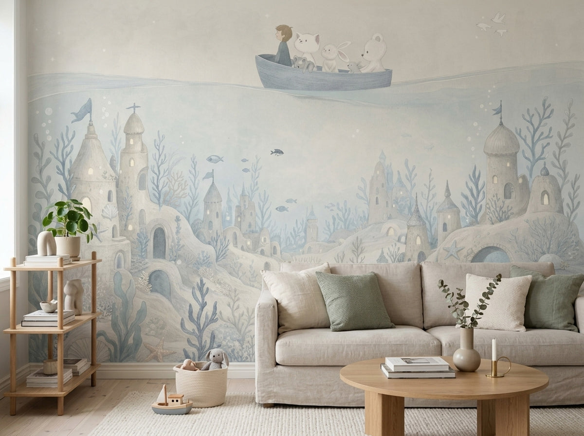 Whimsical Underwater Castle Wallpaper Watercolor Ocean Wall Mural