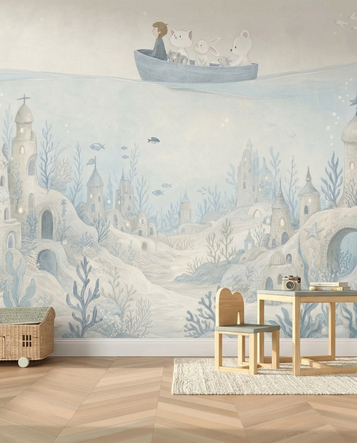 Whimsical Underwater Castle Wallpaper Watercolor Ocean Wall Mural