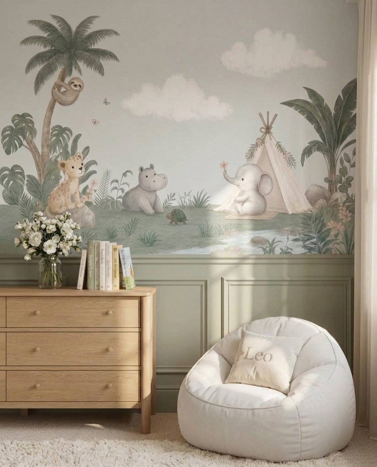 Pastel Jungle Safari Animals Wallpaper Watercolor Nursery Wall Mural