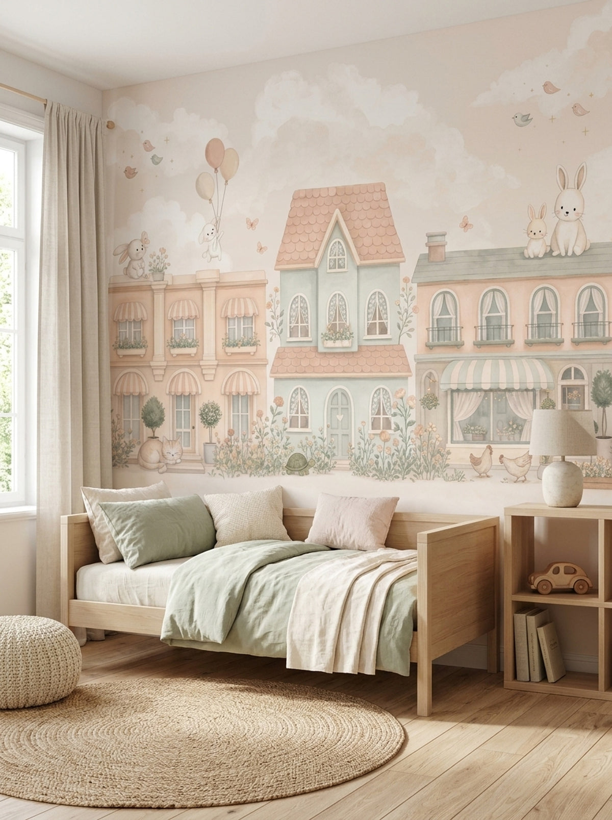 Pastel Village Bunnies Wallpaper Storybook Wall Mural