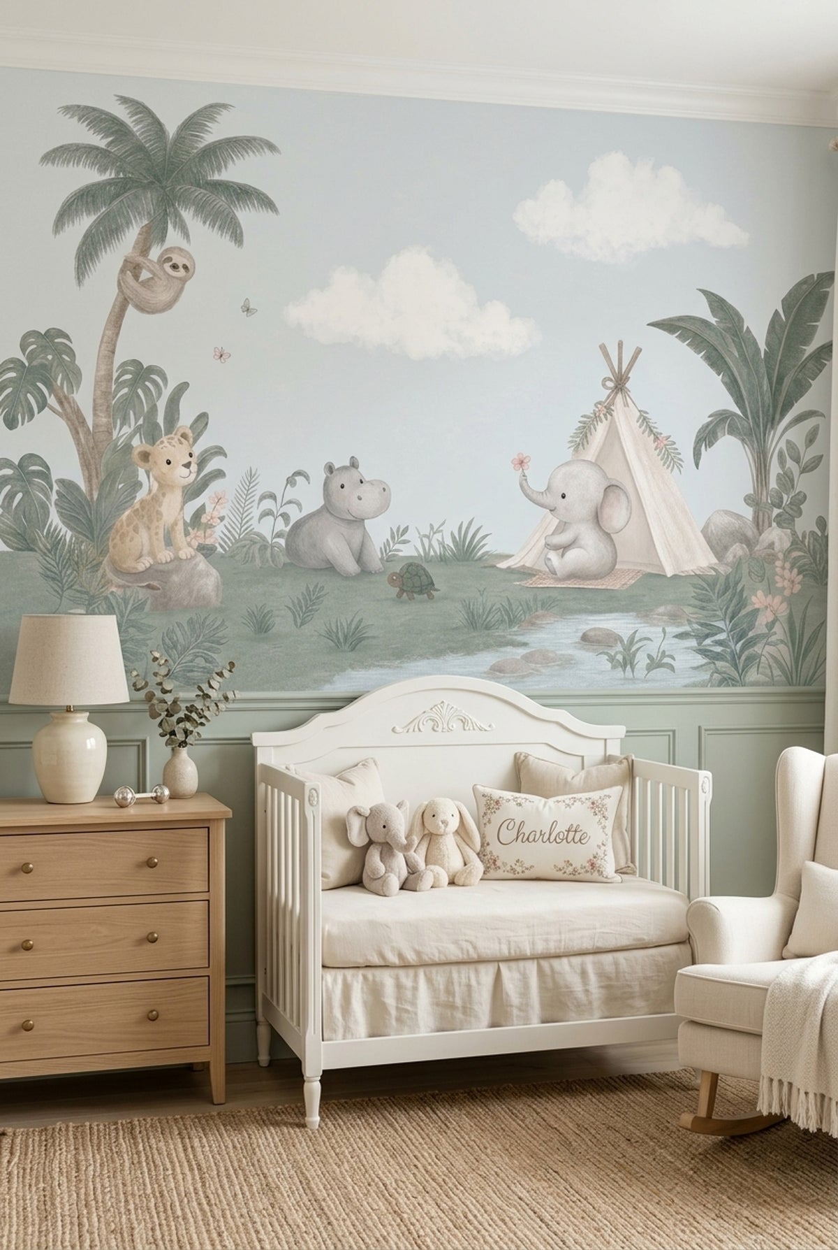 Pastel Jungle Safari Animals Wallpaper Watercolor Nursery Wall Mural