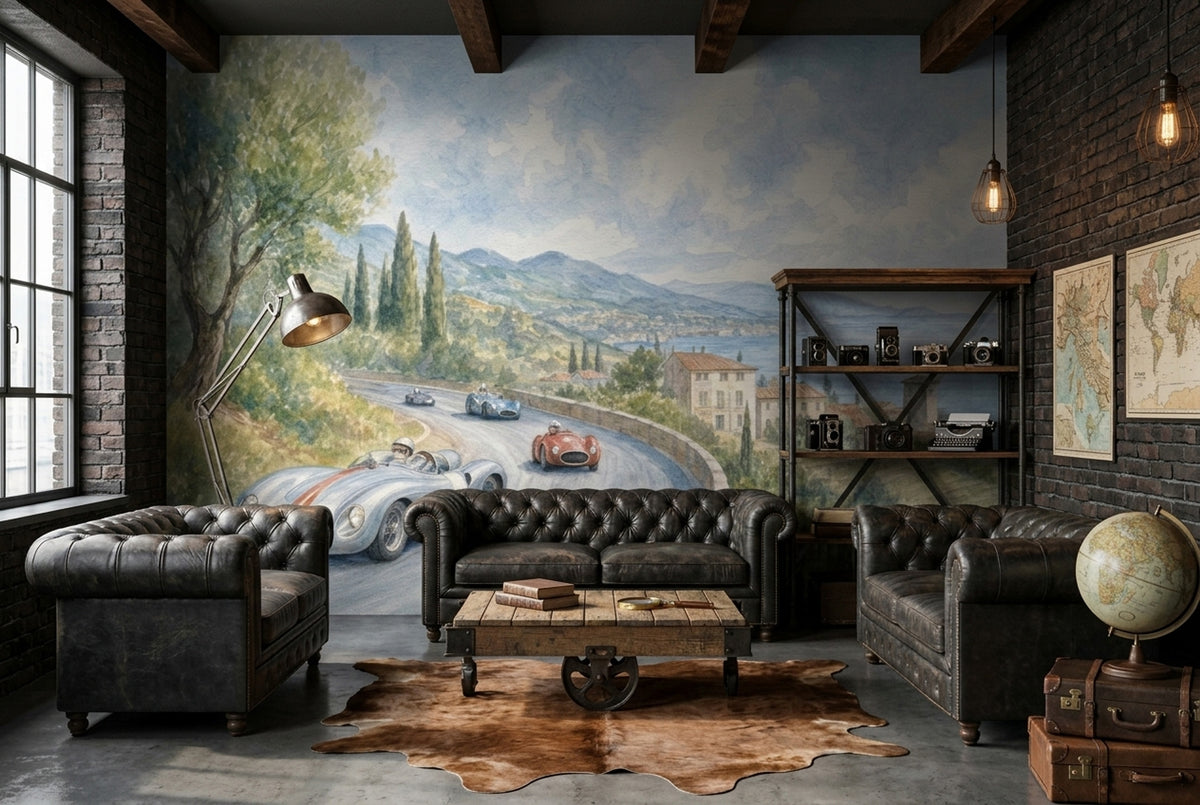 Vintage Coastal Road Race Wallpaper Mediterranean Landscape Wall Mural