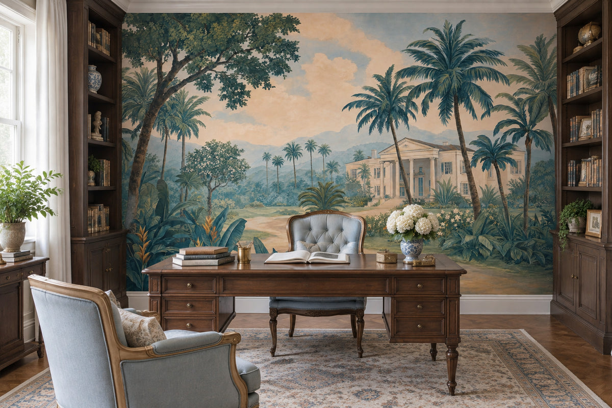 Palm Trees Tropical Landscape Wallpaper Vintage Garden Villa Wall Mural