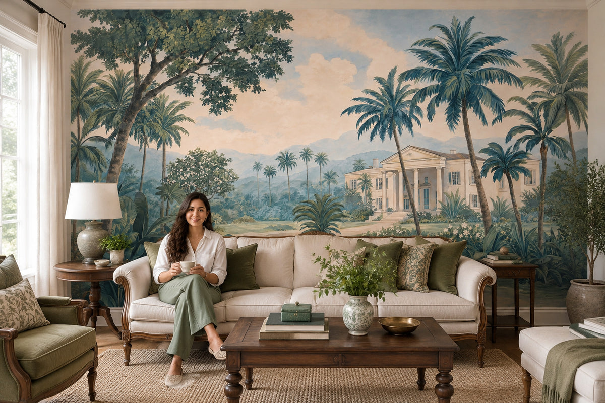 Palm Trees Tropical Landscape Wallpaper Vintage Garden Villa Wall Mural
