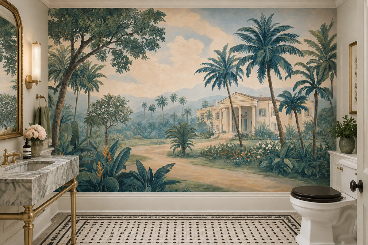 Palm Trees Tropical Landscape Wallpaper Vintage Garden Villa Wall Mural