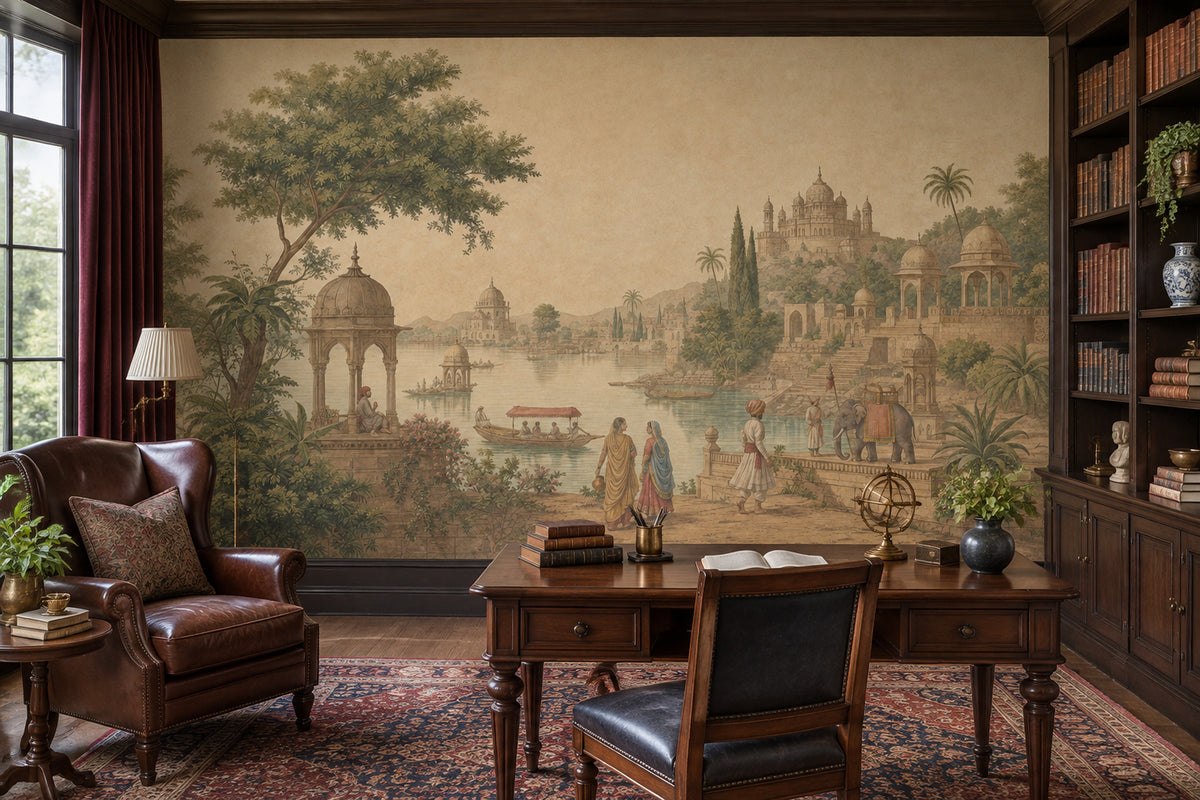 Mughal Palace Riverside Wallpaper Vintage Indian Wall Mural