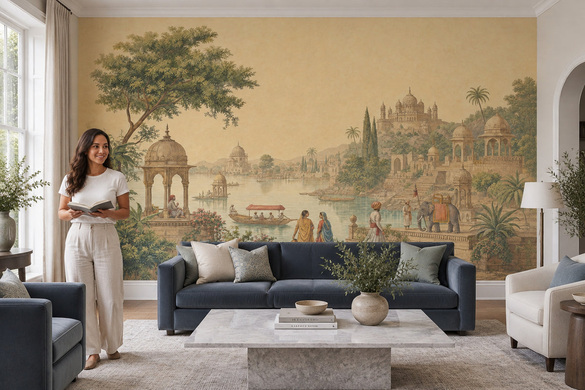Mughal Palace Riverside Wallpaper Vintage Indian Wall Mural