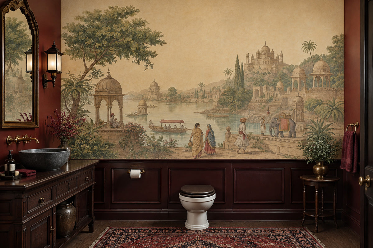 Mughal Palace Riverside Wallpaper Vintage Indian Wall Mural